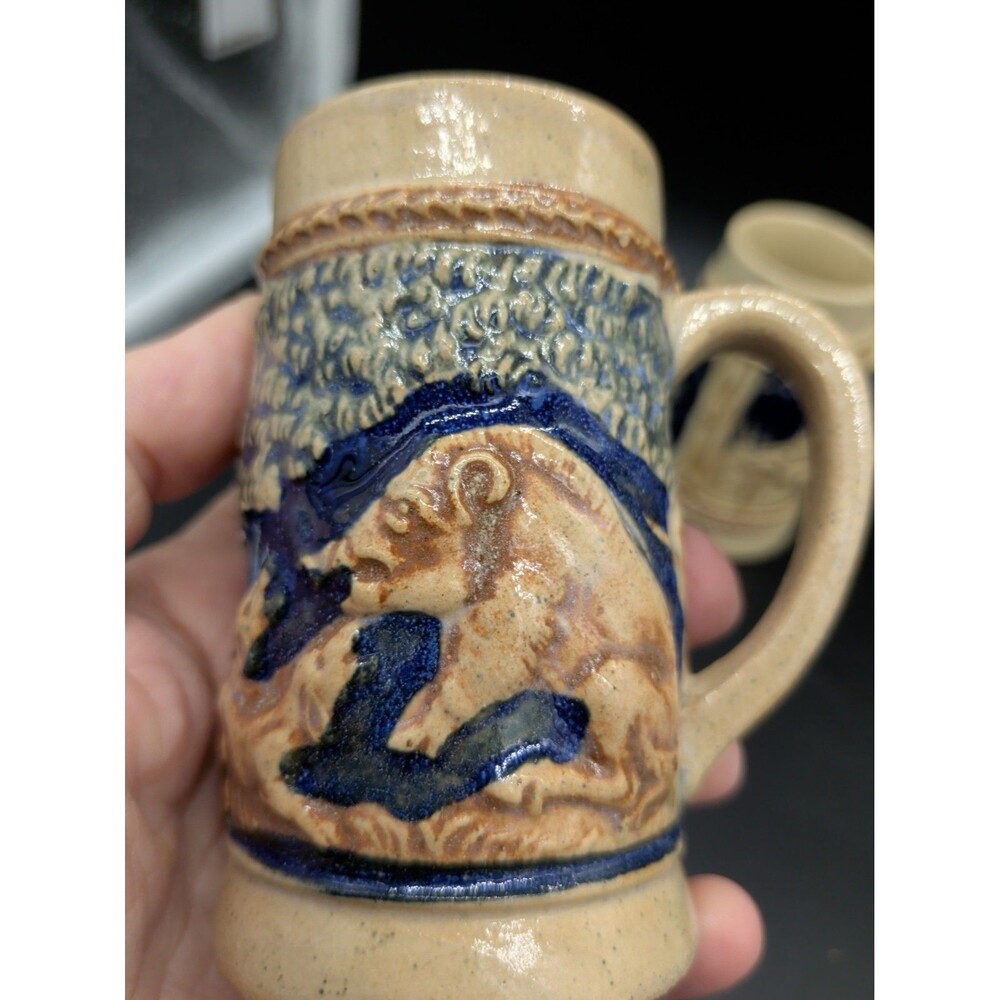 Pair Vintage German Mini Beer Steins Relief Stoneware Made in Germany